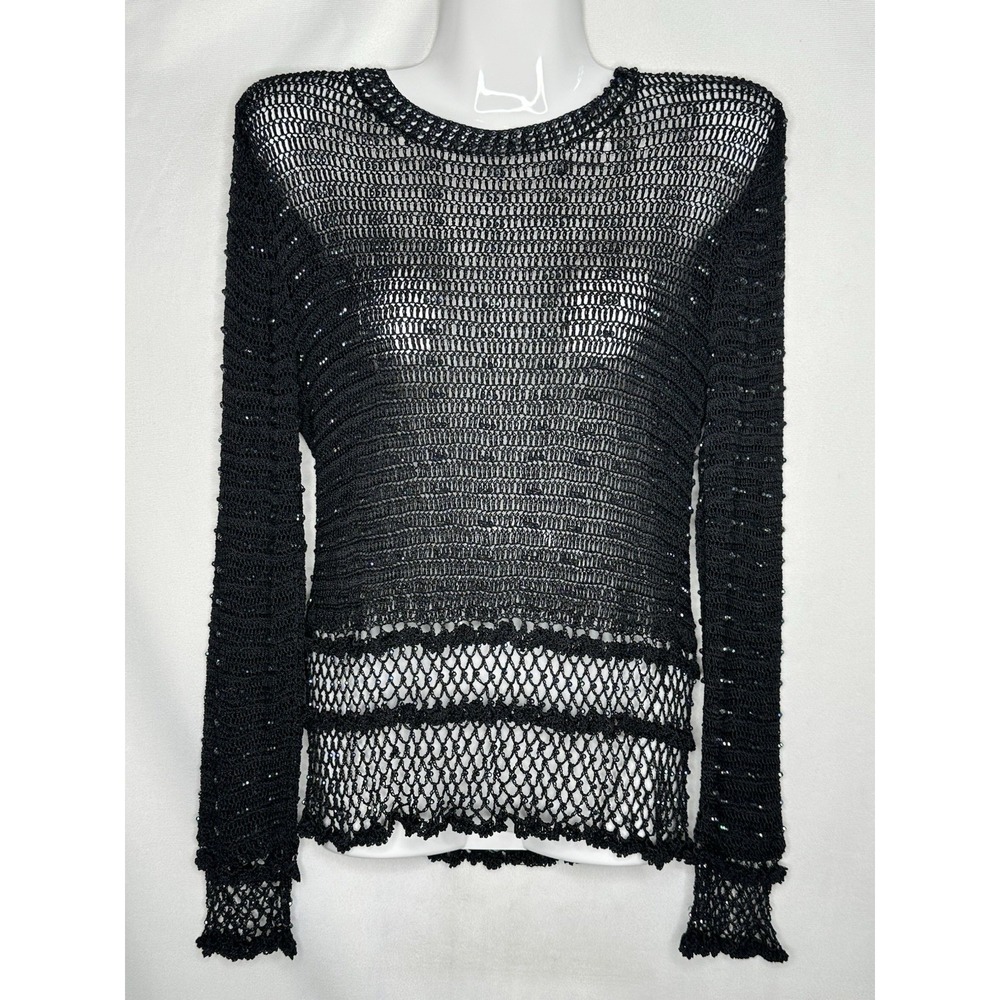 Joanna Black Open Knit Sweater Beaded LaceUp Back Goth Sz L/XL